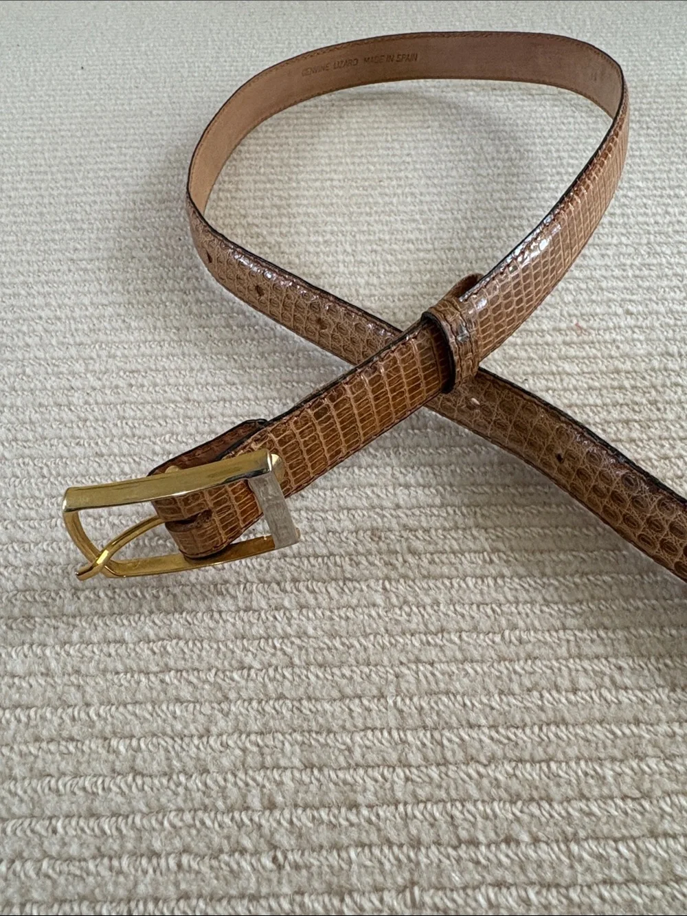 Lizard Brown Leather Belt with Gold-Tone Buckle